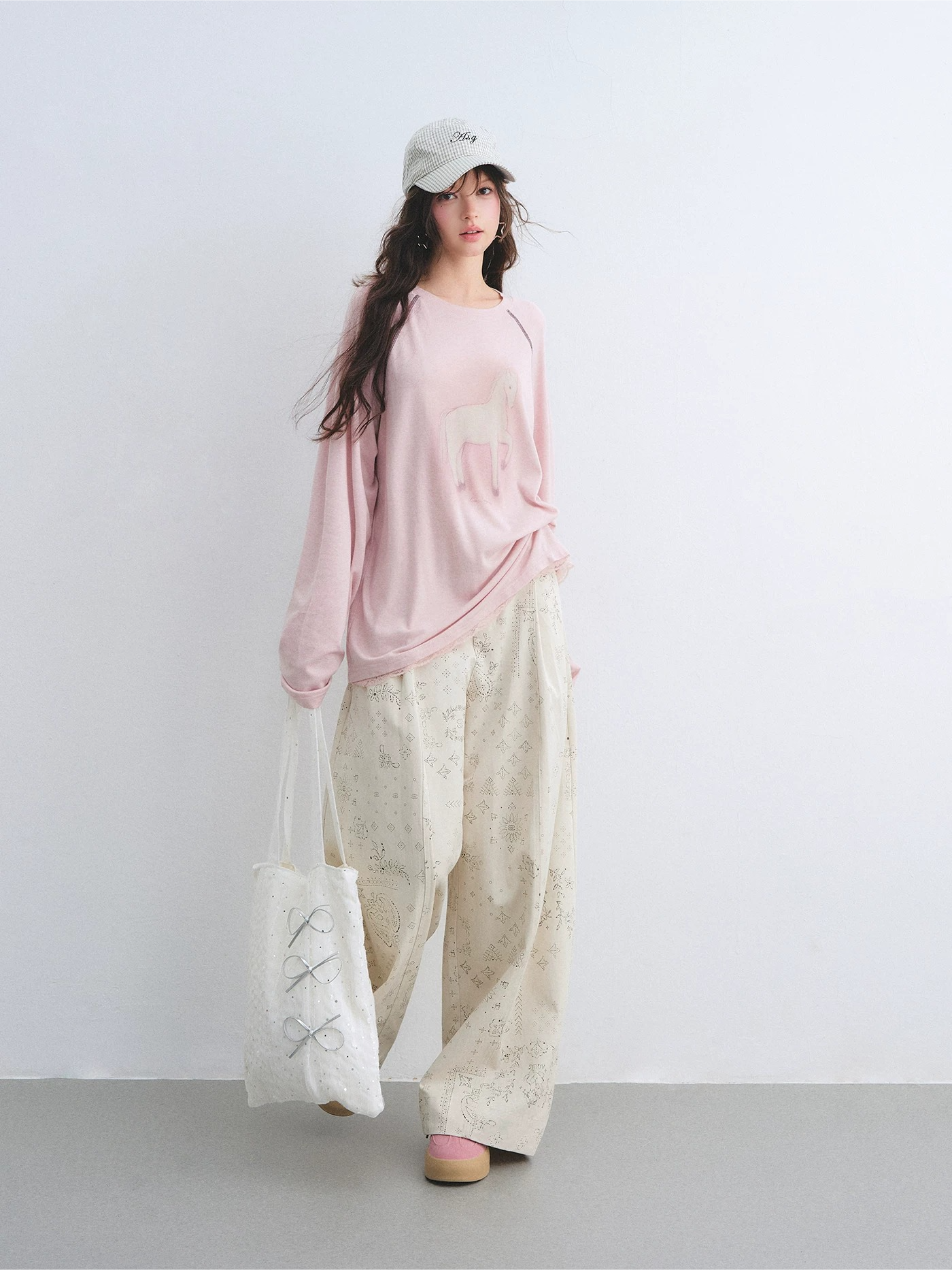 Lyocell Wool-Blend Raglan Sleeve Lace Hem Printed T-Shirt
