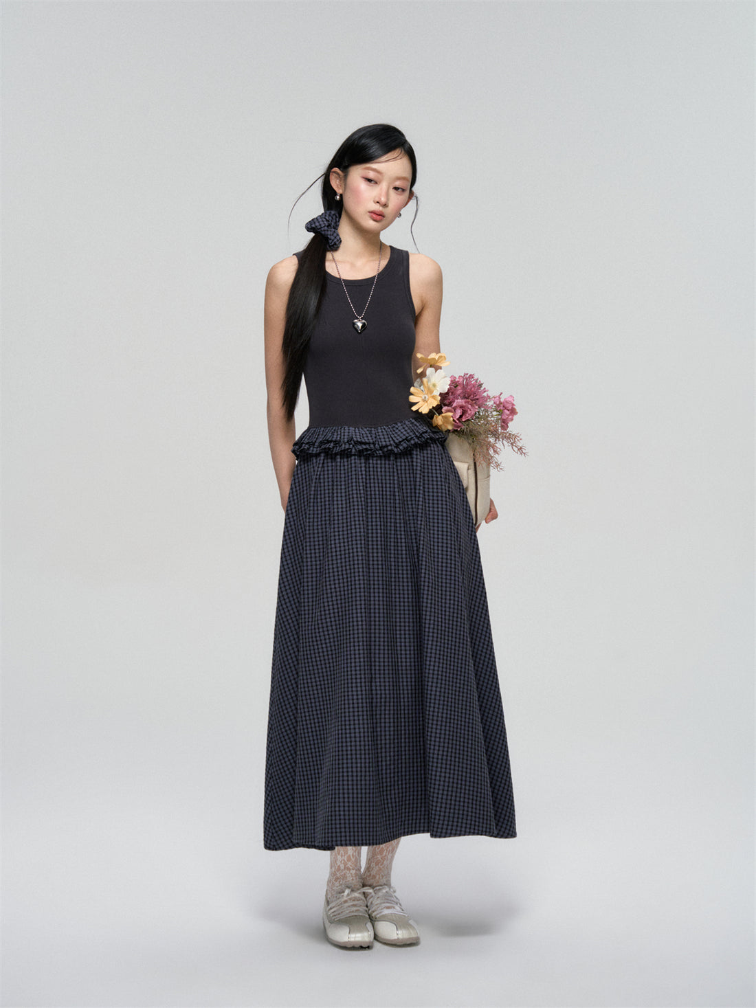 Ruffled Sleeveless Gingham Patchwork Dress - CHINASQUAD