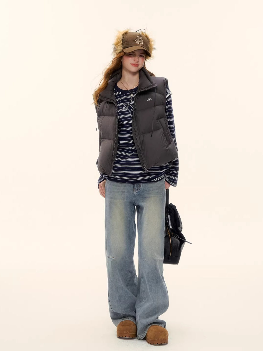 Vintage Washed Curved-Leg Denim Pants