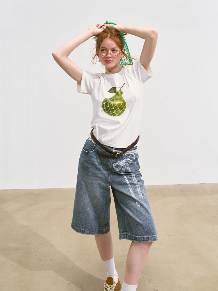 Imitation-Lace Printed High-Waist Denim Mid-Length Pants - CHINASQUAD