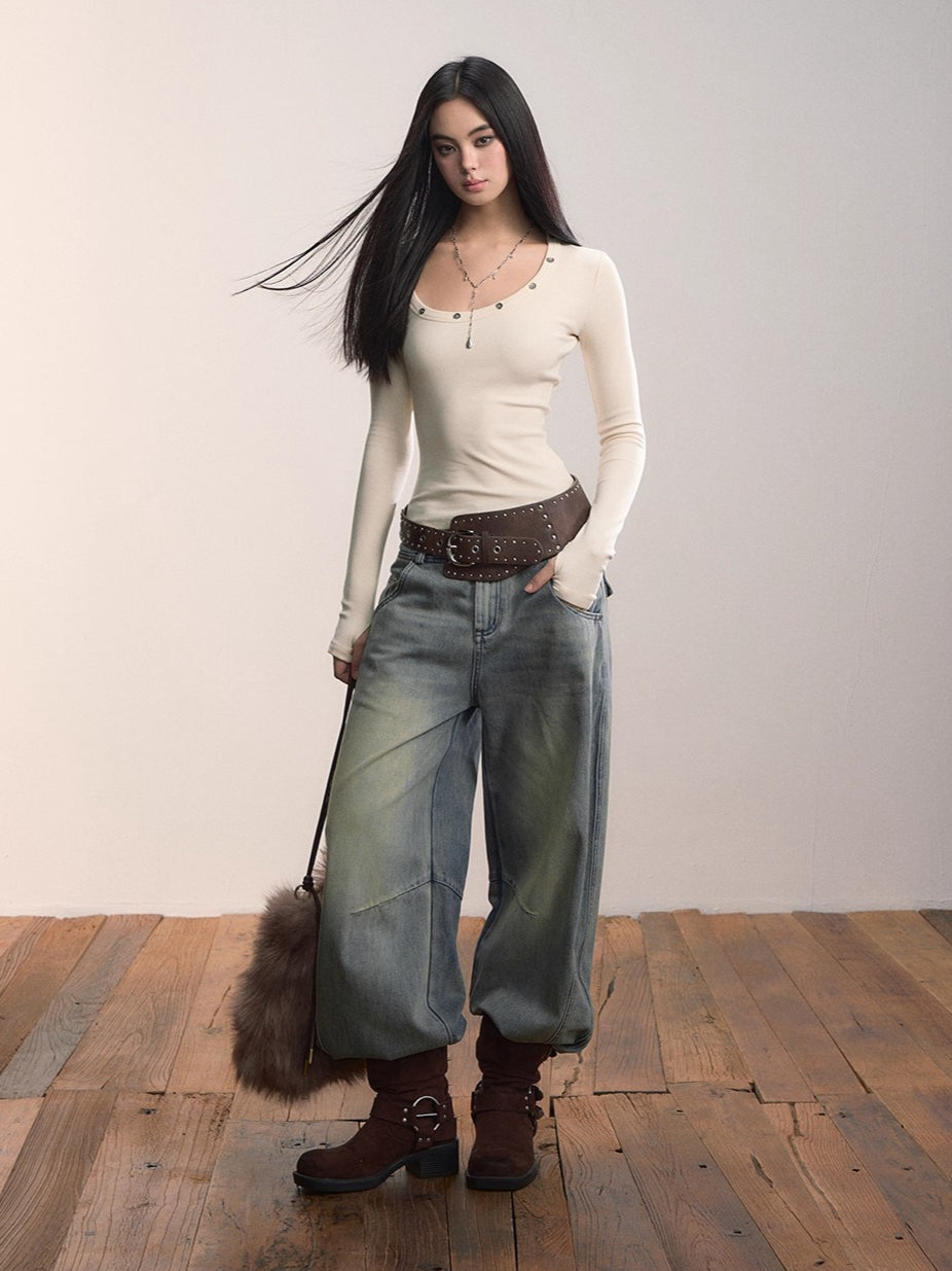 Studded Asymmetric U-Neck Knit T-Shirt