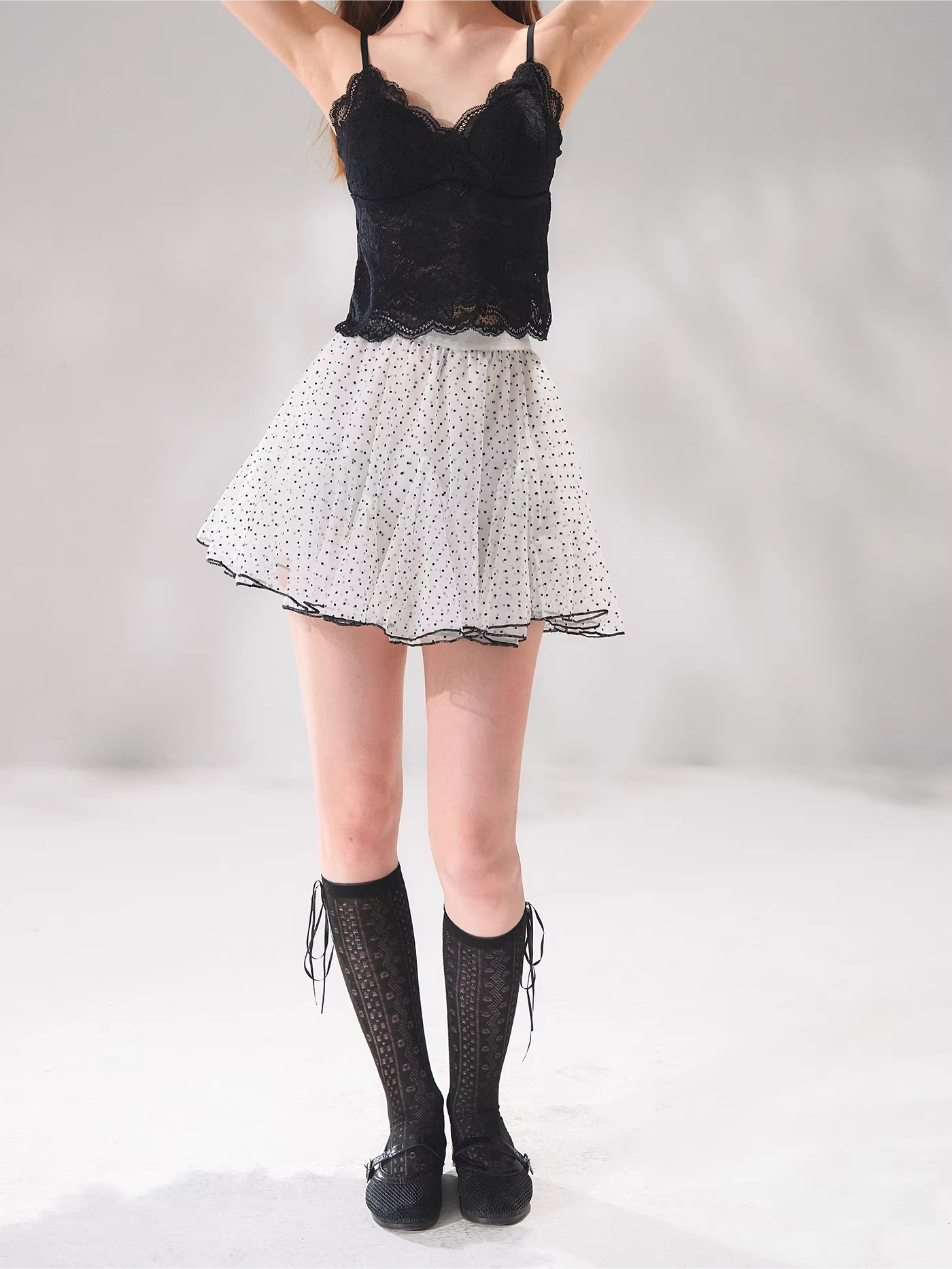 Flocked Polka Dot A-Line Tulle Mini Skirt