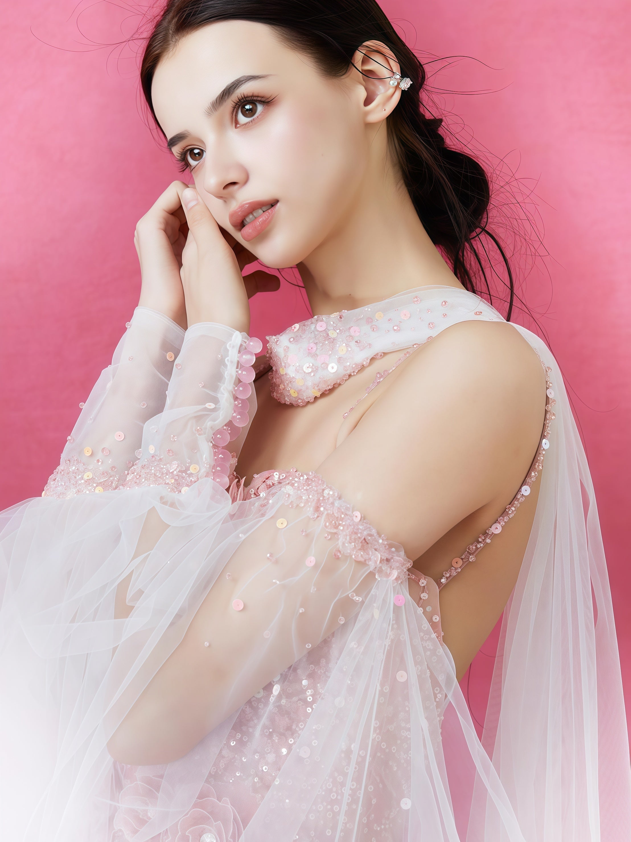 Rosé Illusion Embroidered Tulle Cape Gown