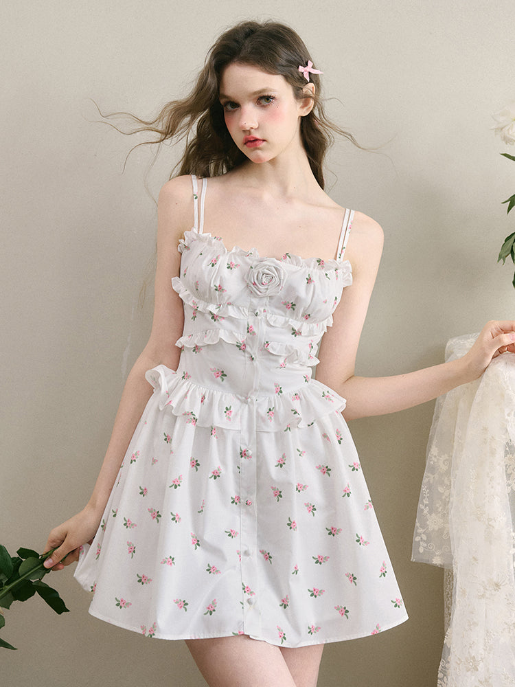 White Floral Ruffled Edge Dress - CHINASQUAD