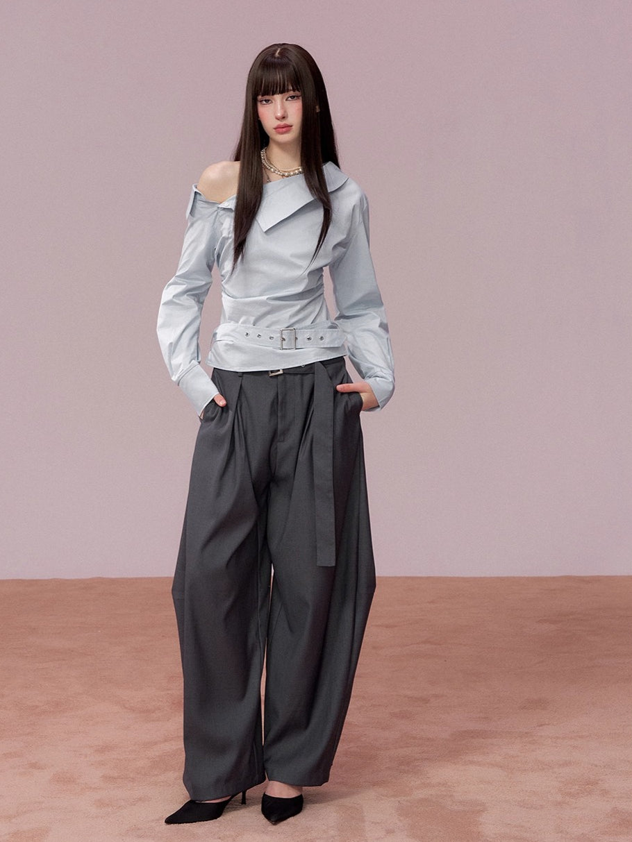 Tailored Drape Wide-Leg Suit Trousers