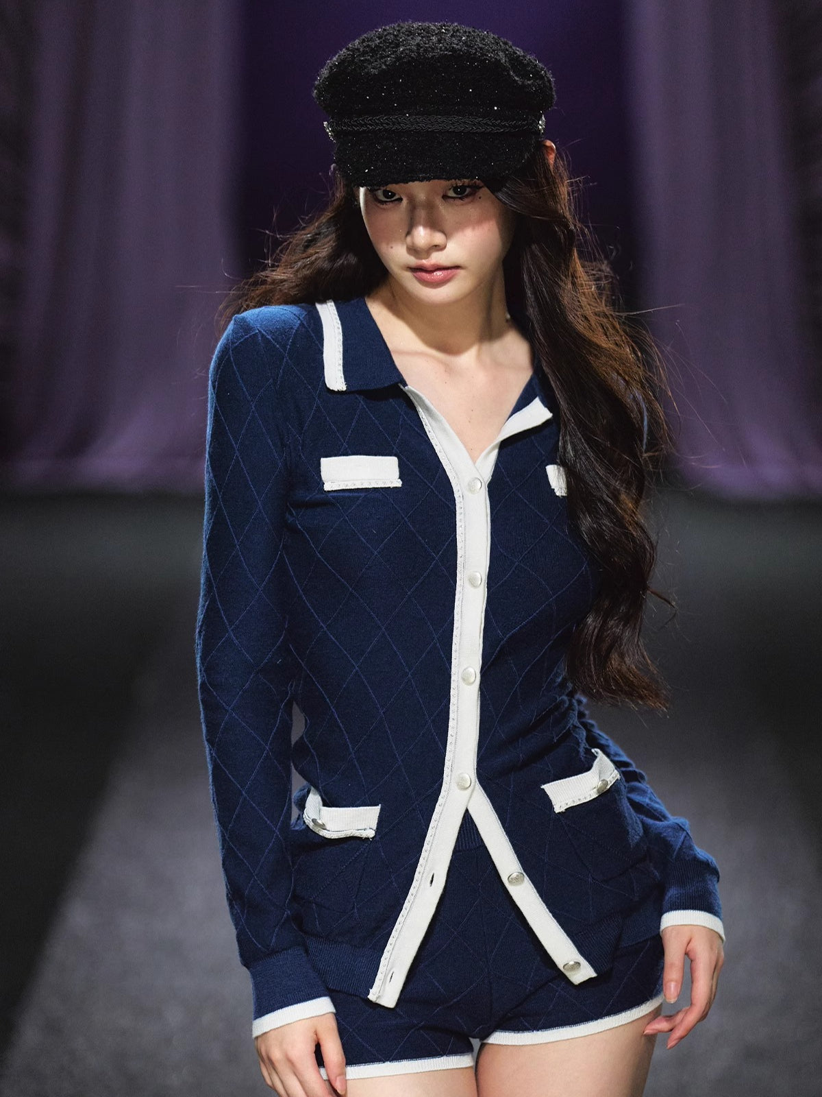 Tweed-Style Diamond Knit Cardigan & Shorts Set - CHINASQUAD