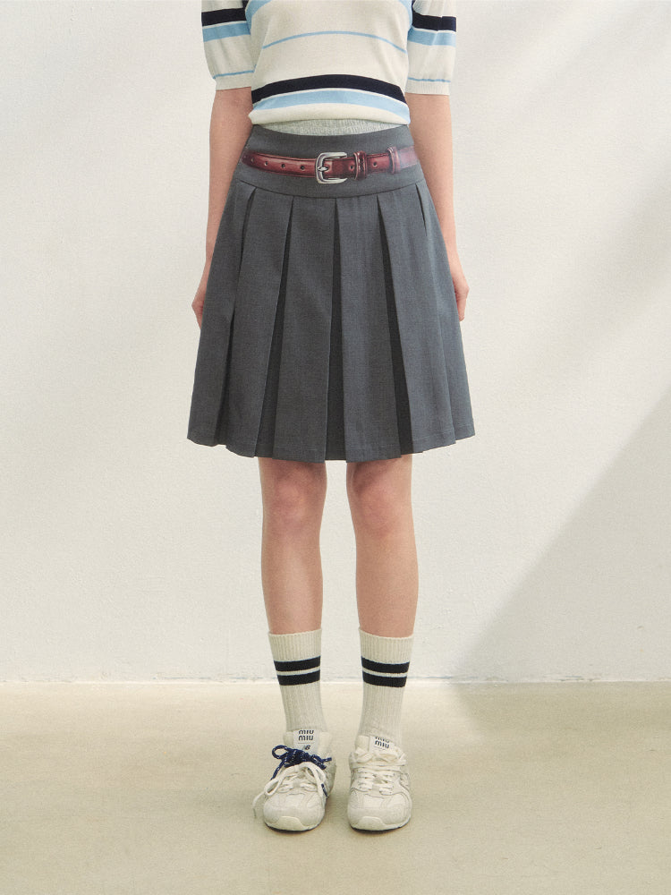 Fake Two-piece Printed Belted Pleated Skirt - CHINASQUAD