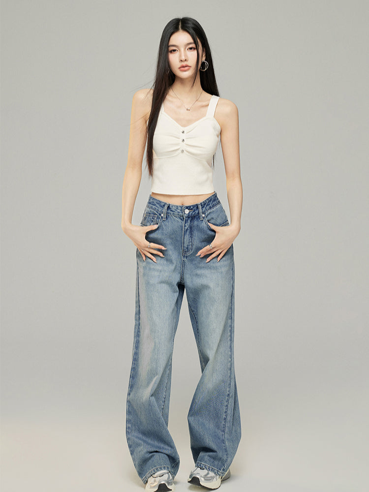 Letter Embroidery Wide-Leg Jeans - CHINASQUAD