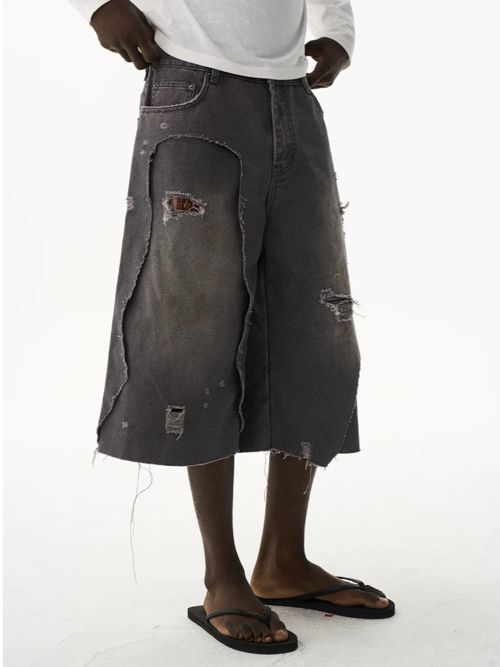 Distressed Double-Layer Washed Grey Shorts