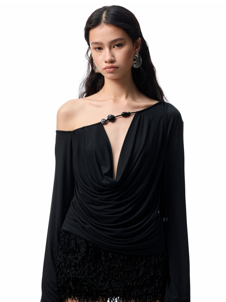 Beaded Cowl Neck Off-shoulder Long-sleeve Tunic - CHINASQUAD