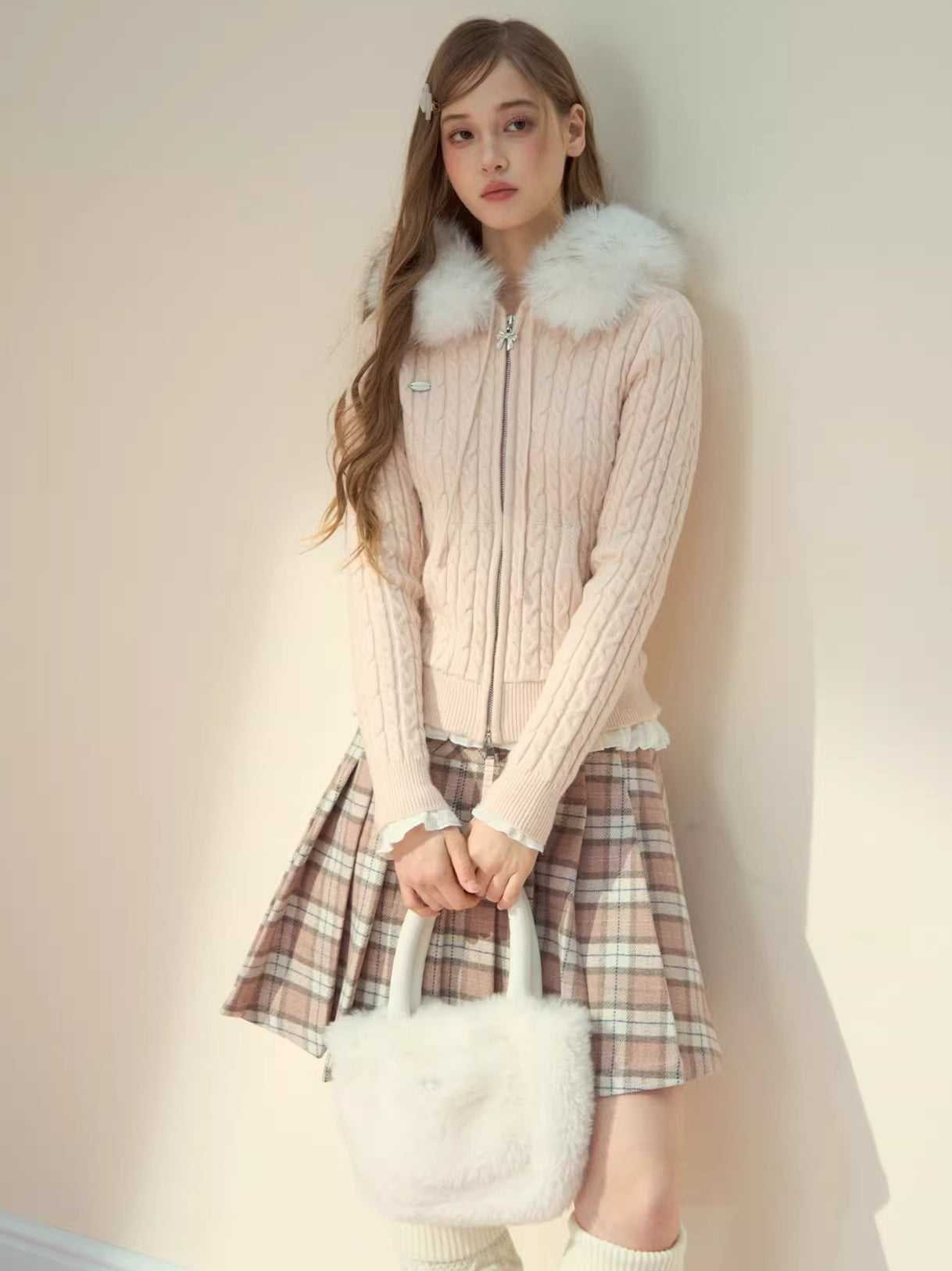 Detachable Fur Collar Blush Zip-up Knit Cardigan - CHINASQUAD