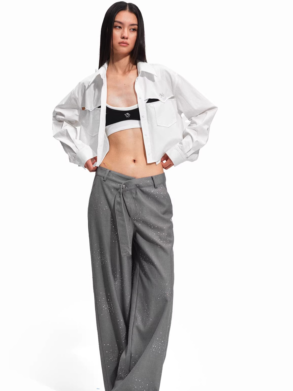 Embellished Low-Rise Wide-Leg Tailored Trousers