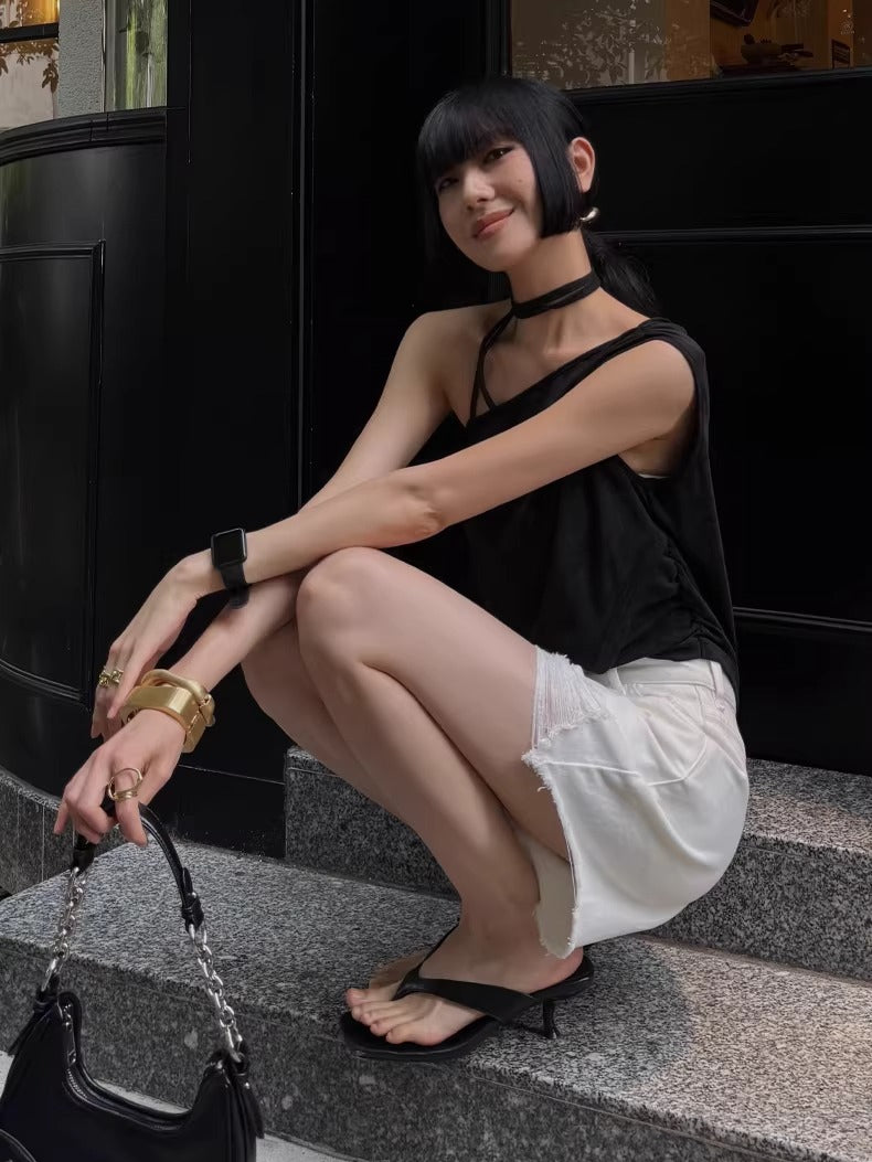 Raw-Hem A-Line Denim Shorts