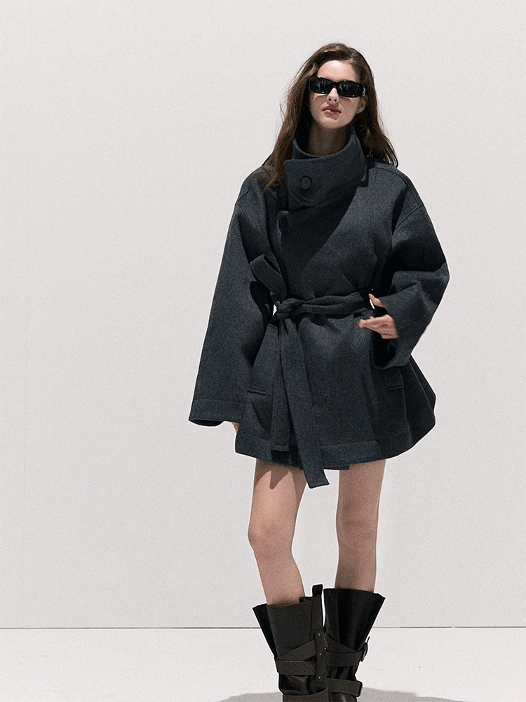 Stand-Collar Pure Wool Tailored Coat