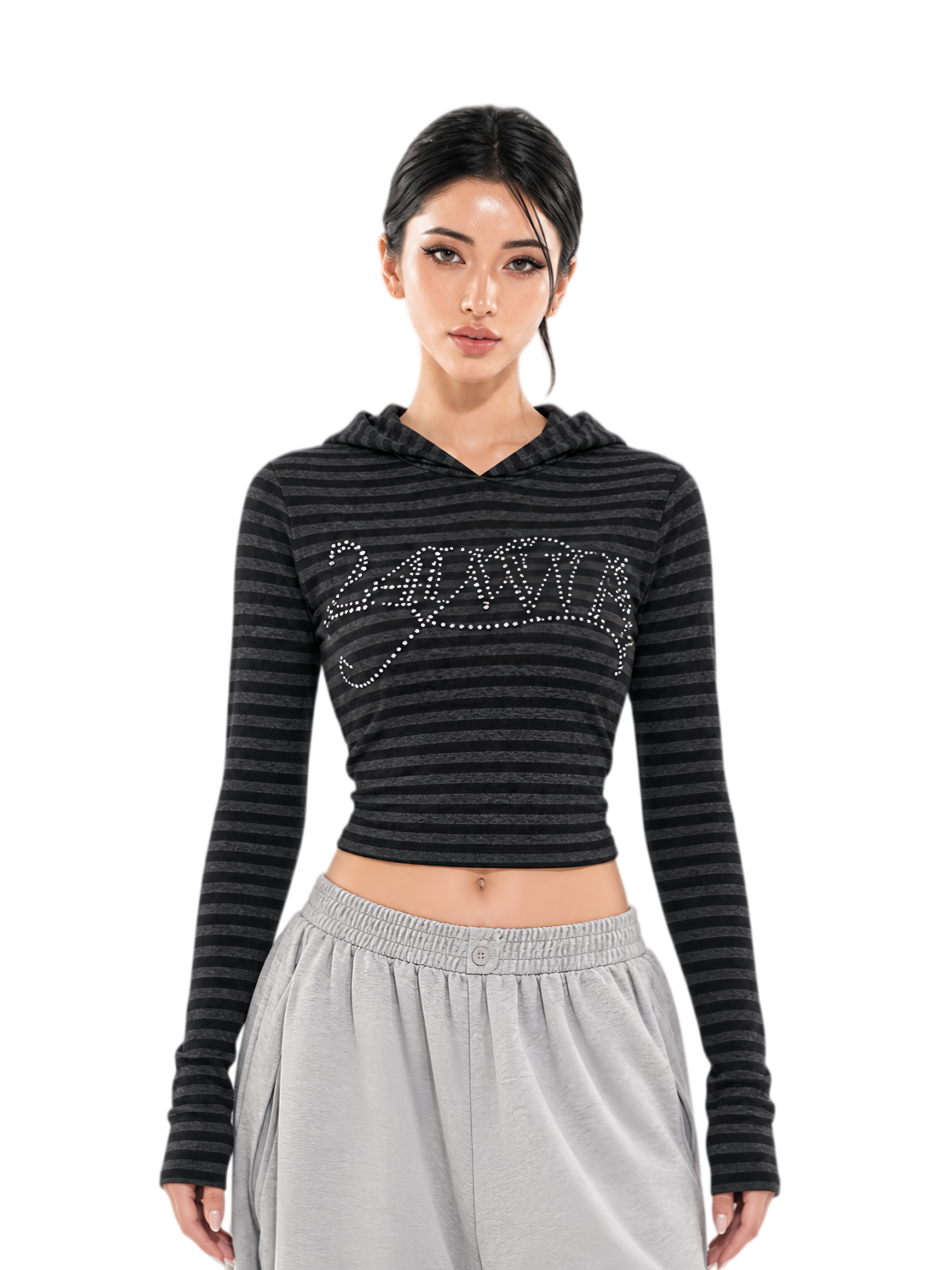 Rhinestone Cropped Hooded T-Shirt