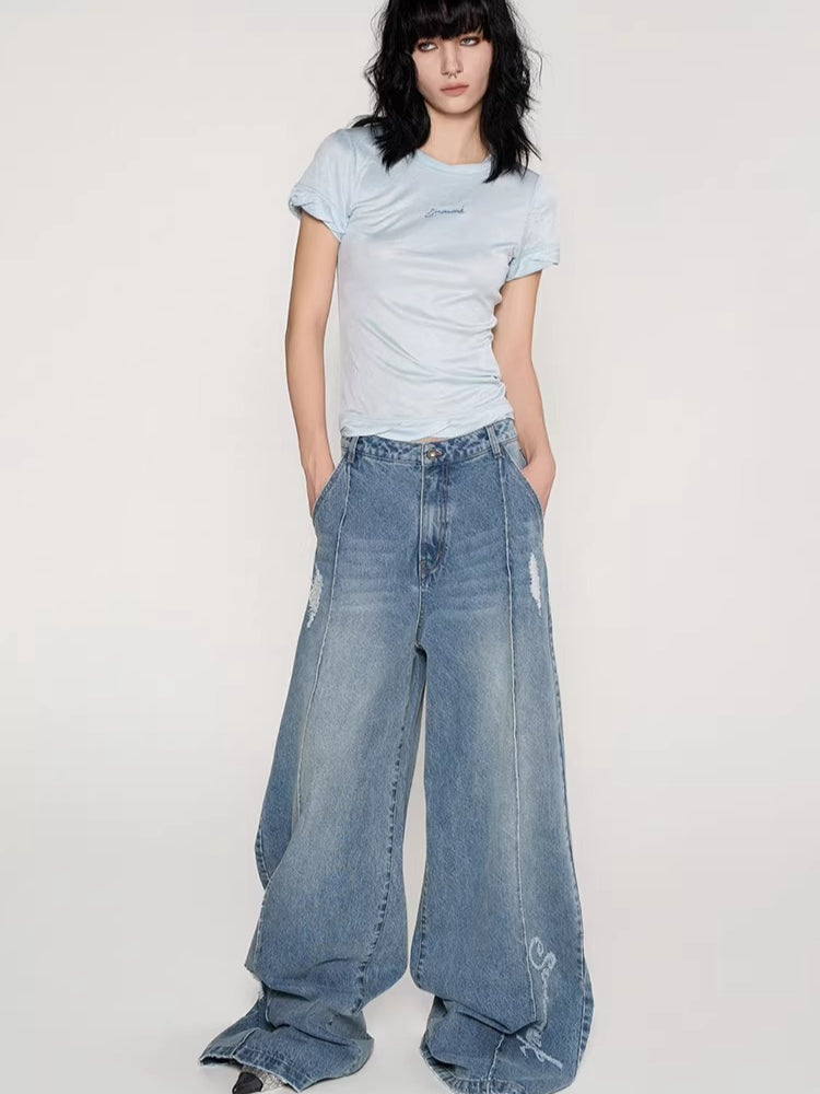 Laser Logo Seam Wide-Leg Denim Pants