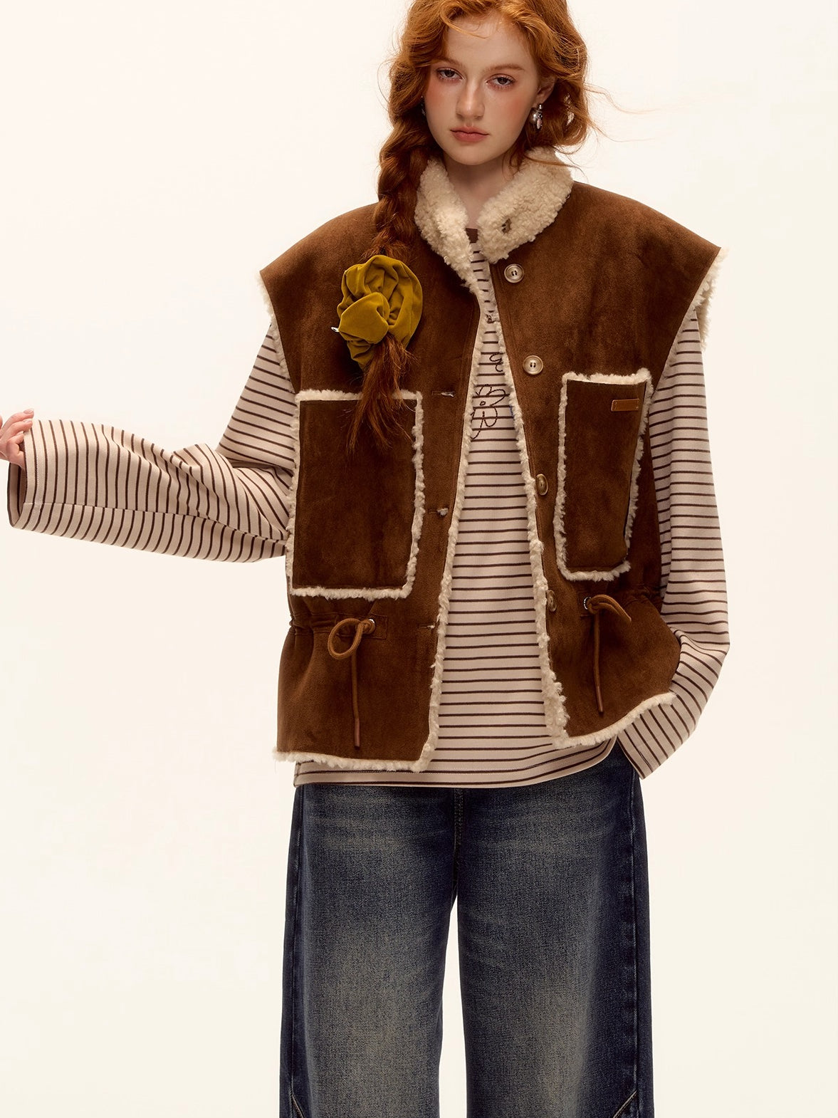 Reversible Faux Shearling Suede Drawstring Vest