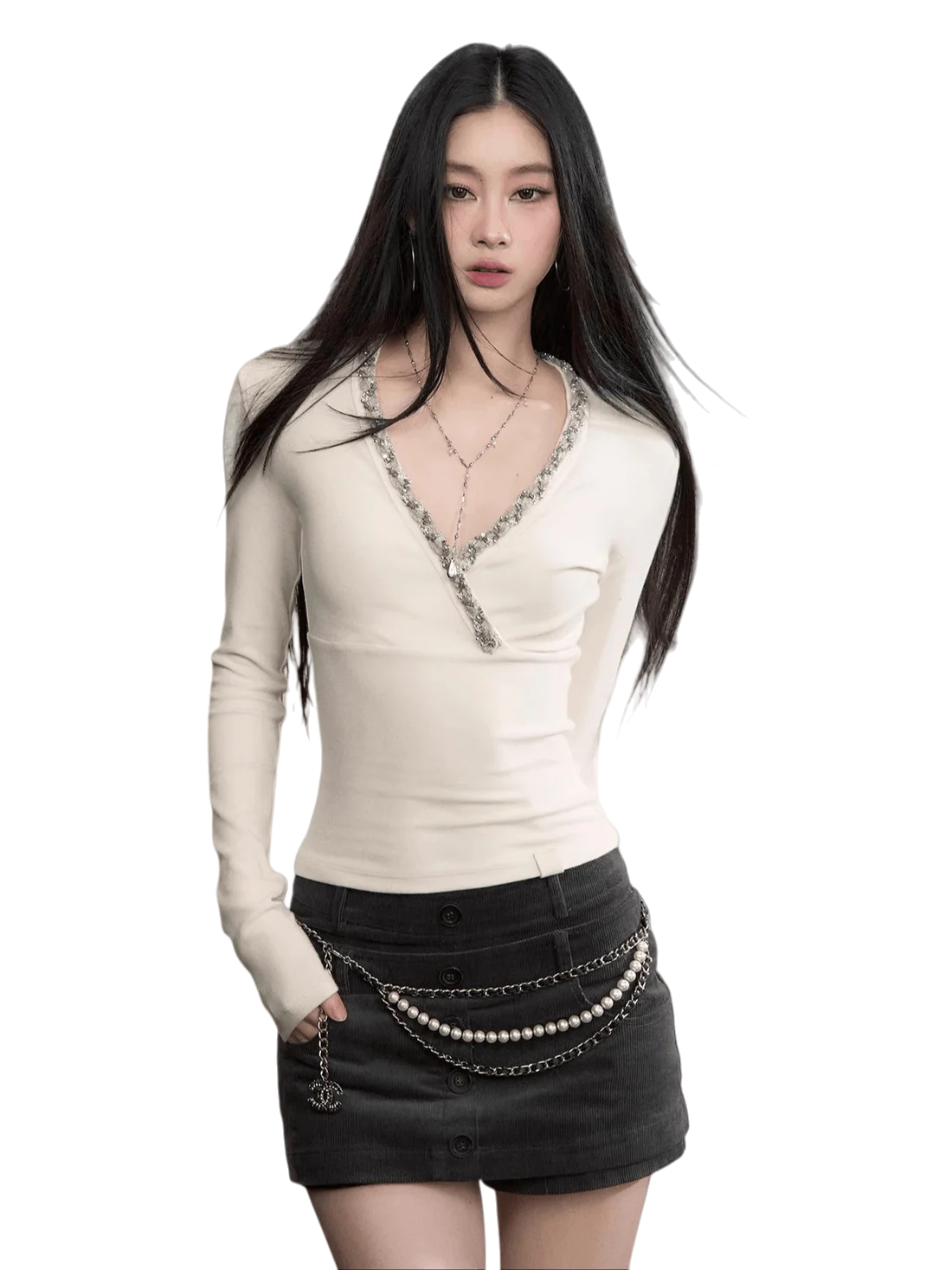 V-Neck Panelled Knit Long-Sleeve T-Shirt