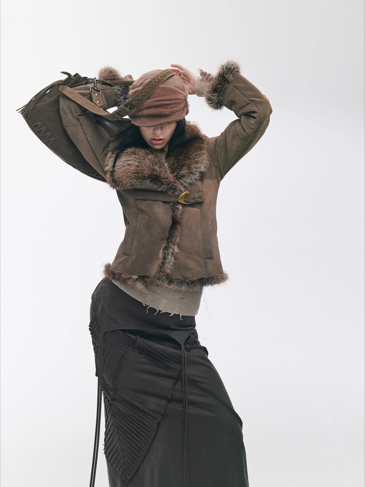 Vintage Asymmetric Shearling-Effect Suede Jacket