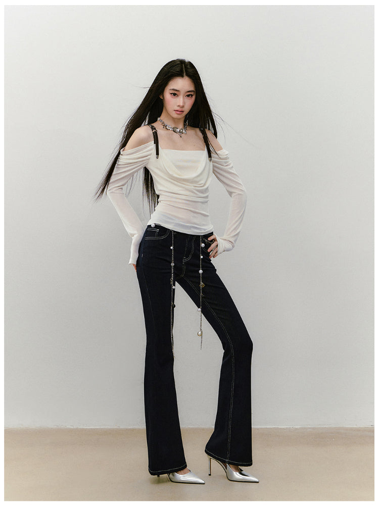 Draped Neck Leather Strap Acetate One-shoulder T-shirt - CHINASQUAD