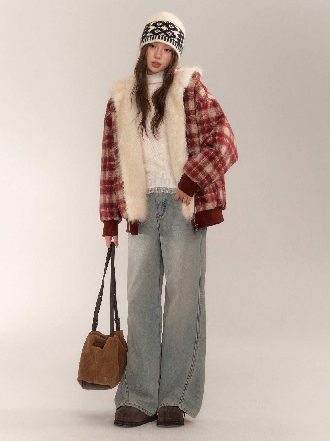 Reversible Plaid Faux Fur Coat - CHINASQUAD