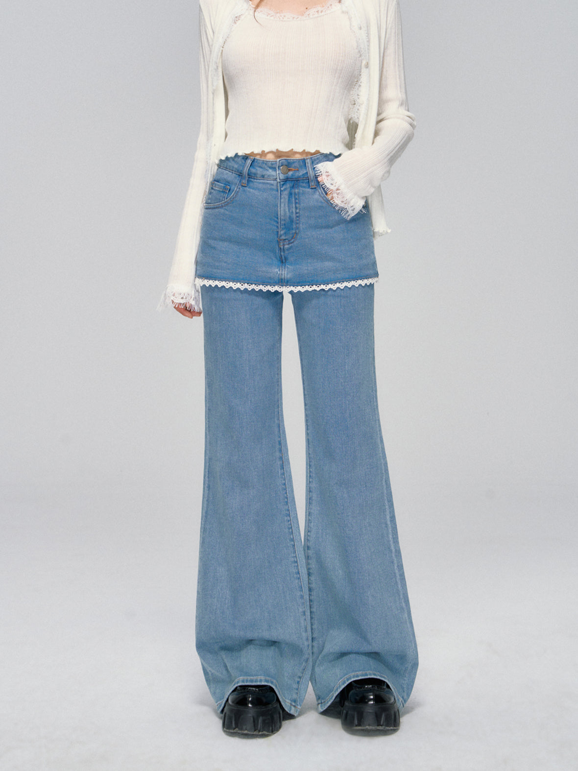 Lace Layered Faux Two-Piece Denim Pants - CHINASQUAD