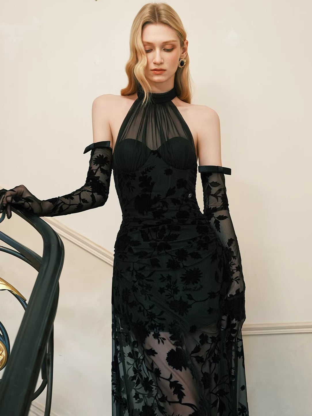 Velvet Halter-Tie Floral Corset Maxi Dress