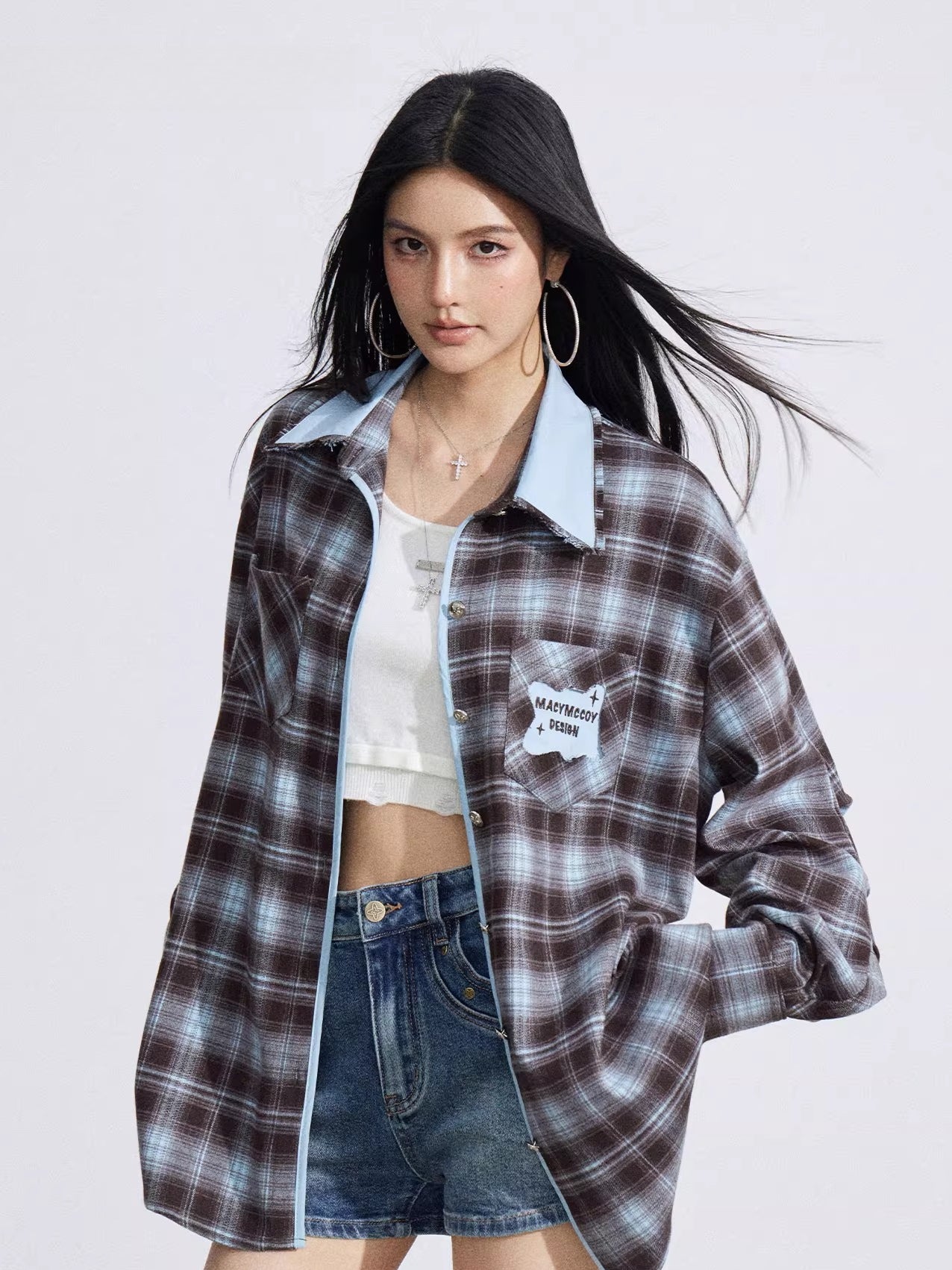 Vintage Contrast Embroidered Plaid Shirt