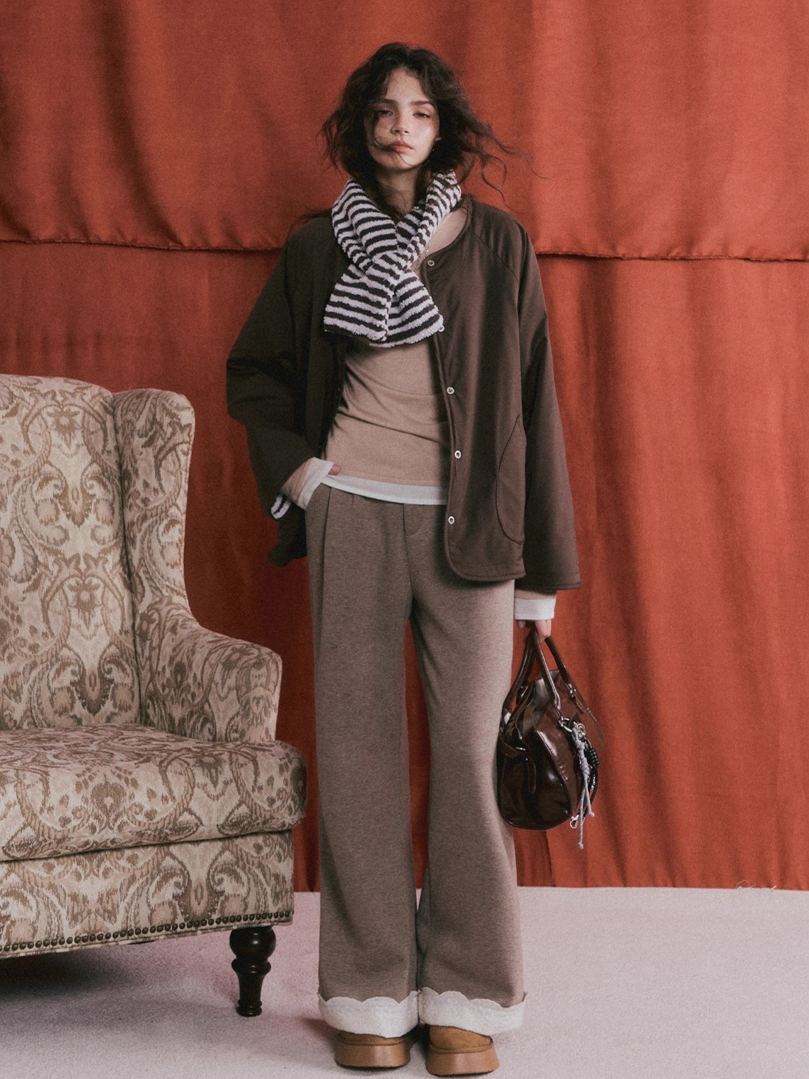 Reversible Striped Faux Scarf Detail Shearling Jacket