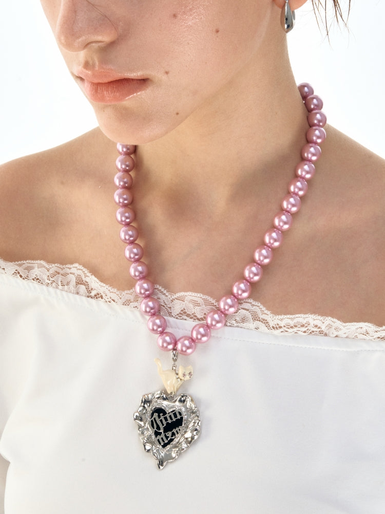 Cat Heart Enamel Pearl Necklace - CHINASQUAD