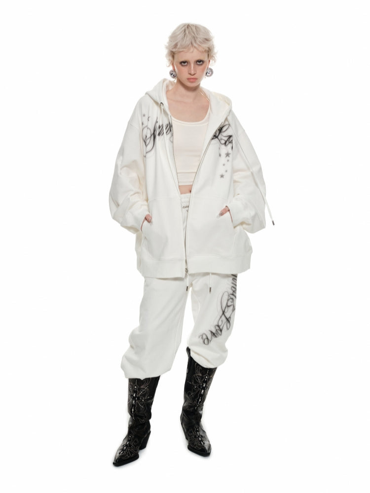 Spray-painted Letter Print Loose Zip-up Hoodie - CHINASQUAD