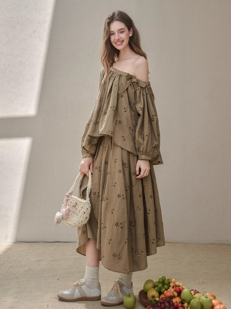 Embroidered Off Shoulder Blouse & Skirt Set