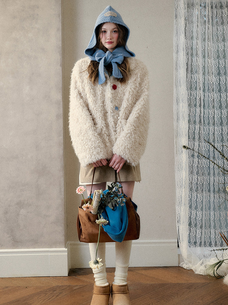 Cream Strawberry Gray-Blue Fur Jacket - CHINASQUAD