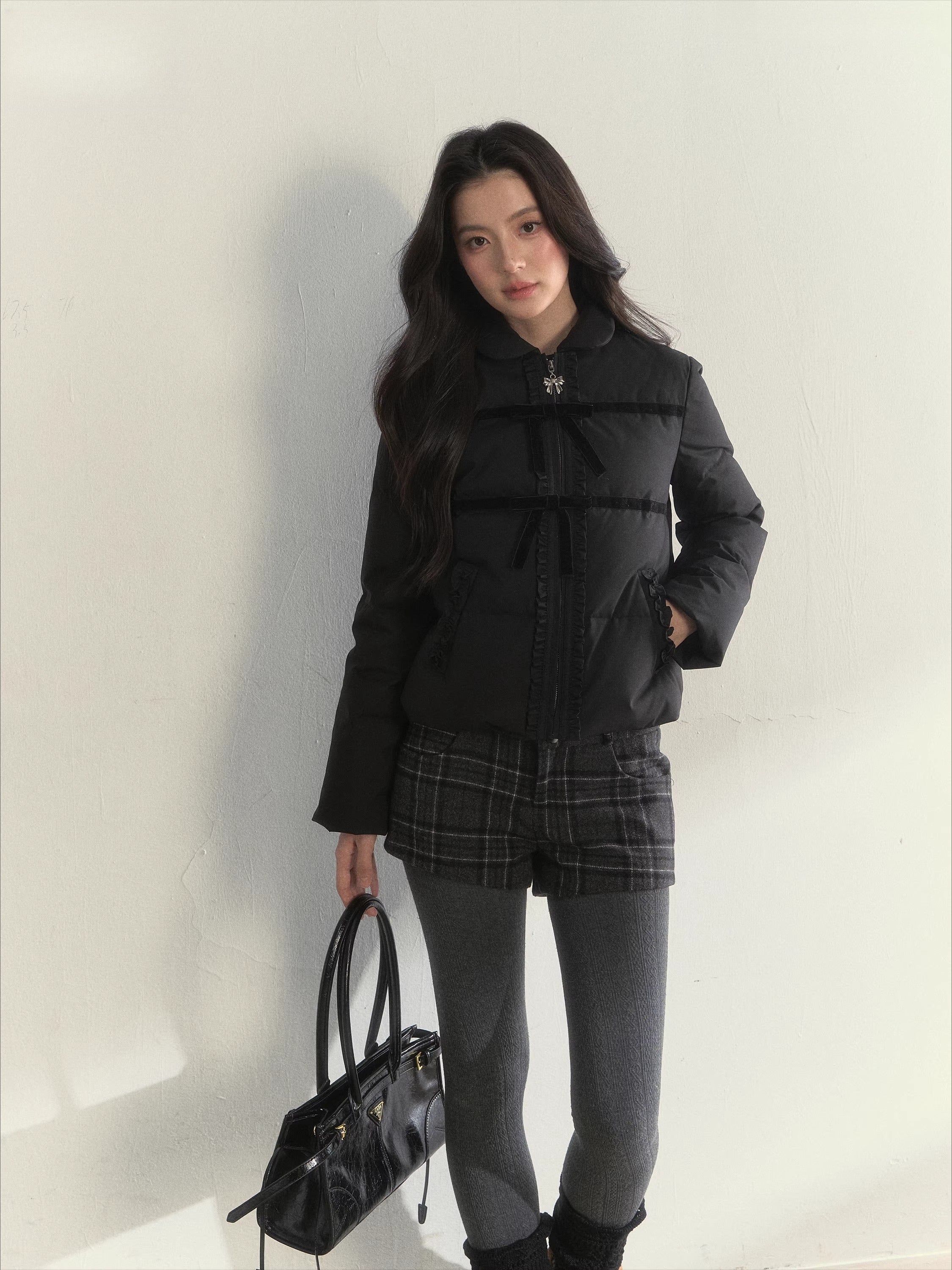 Velvet Bow Trim Down Jacket