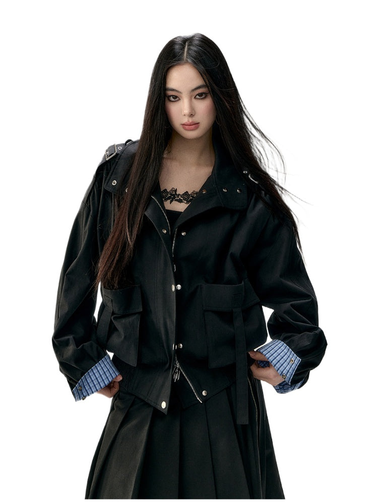 Plaid Patchwork Oversized Large Pockets Jacket - CHINASQUAD