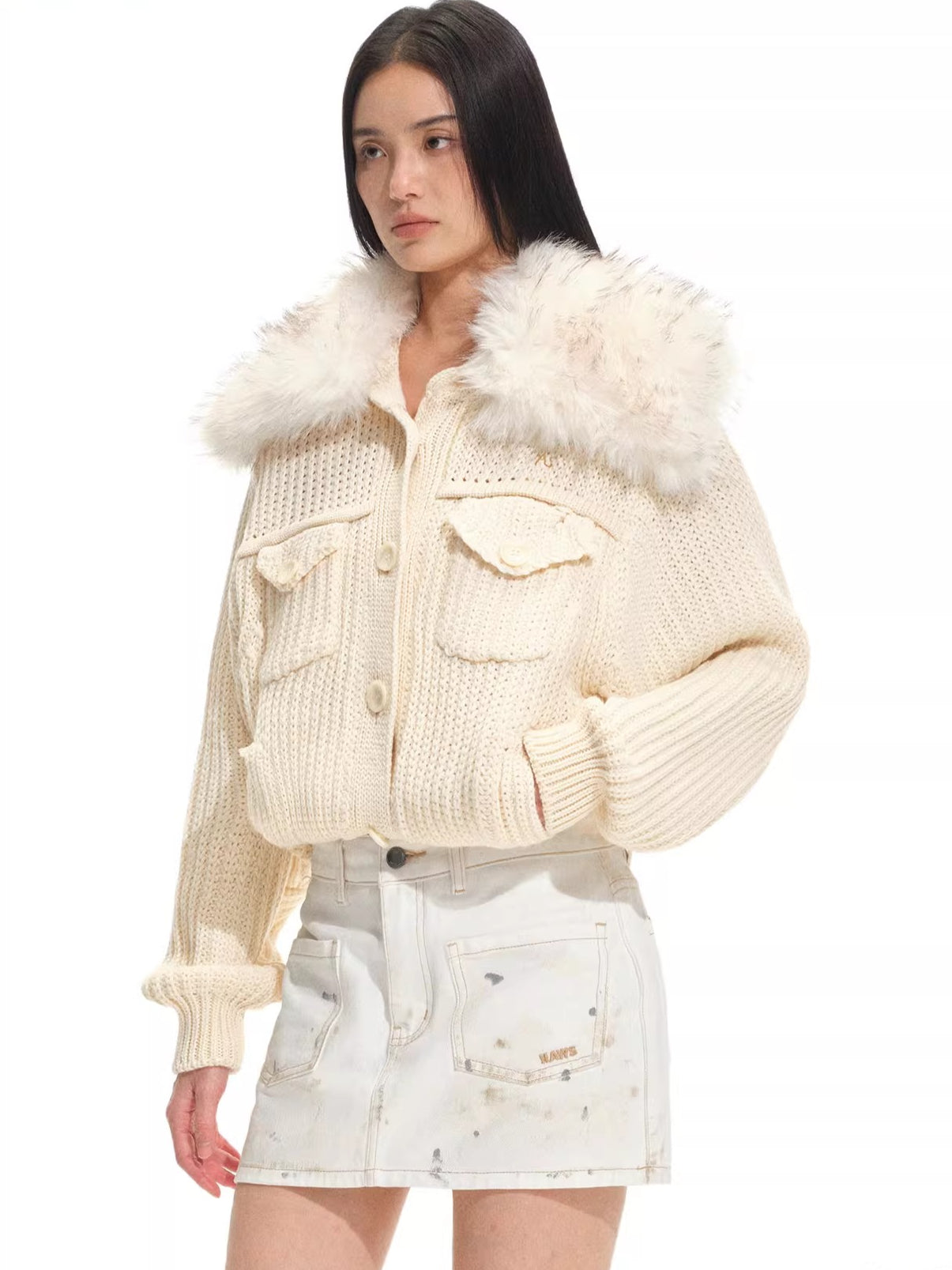 Faux Fur Collar Wool Knit Cardigan