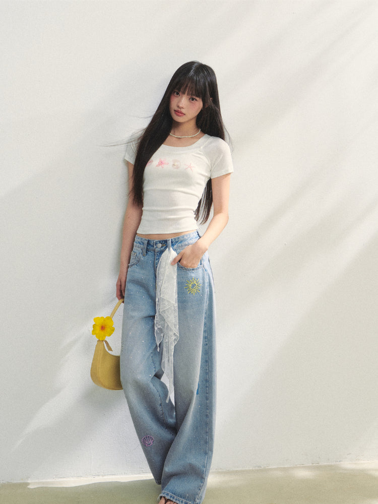 Embroidered Denim Wide-Leg Pants - CHINASQUAD