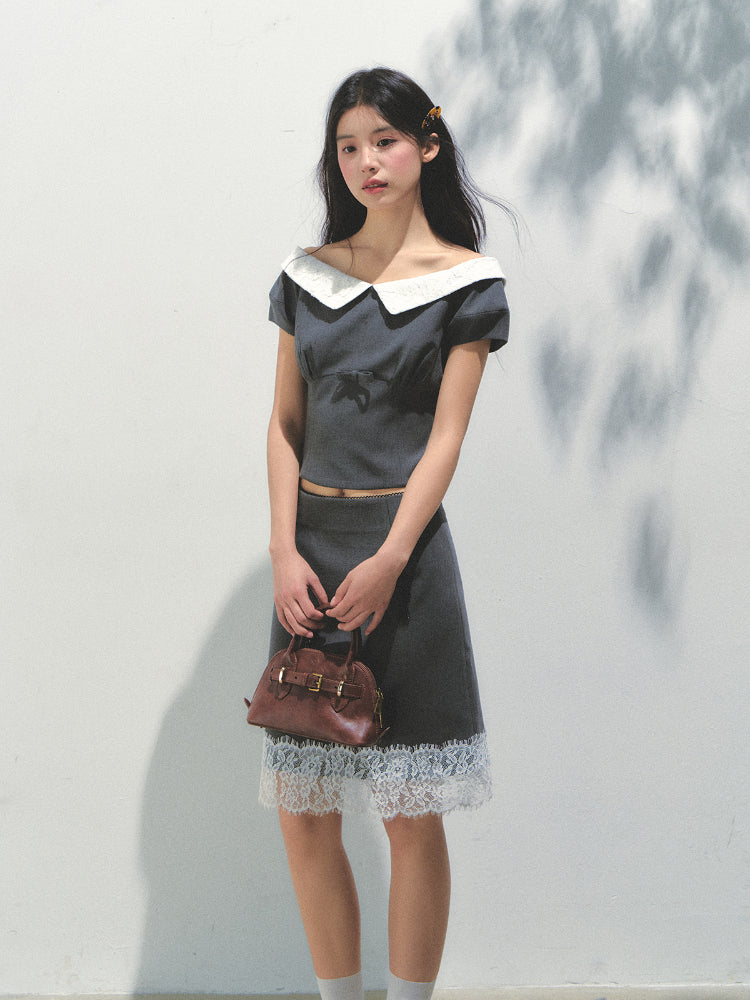 Dark Gray Princess Sleeve Top & skirt set - CHINASQUAD