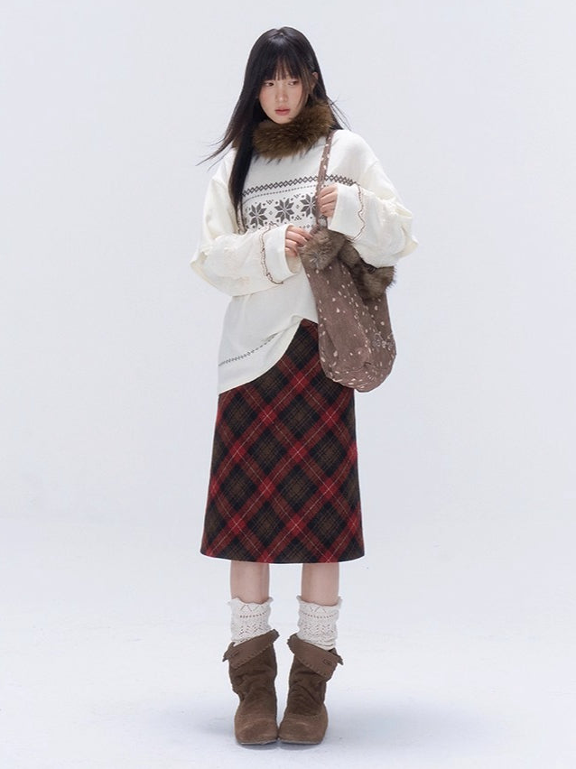 Vintage Plaid Wool-Blend Midi Skirt