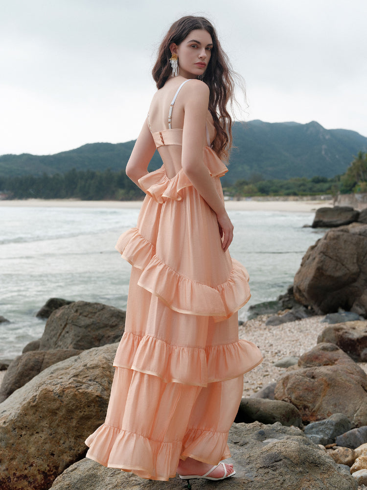 Ruffled Spaghetti Strap Backless Dress - CHINASQUAD