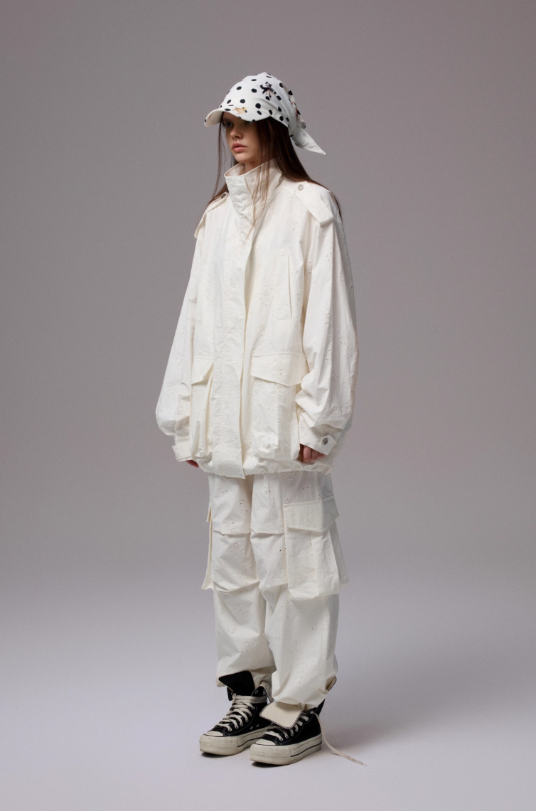 Embroidered Jacquard Multi-Pocket Stand-Collar Utility Jacket
