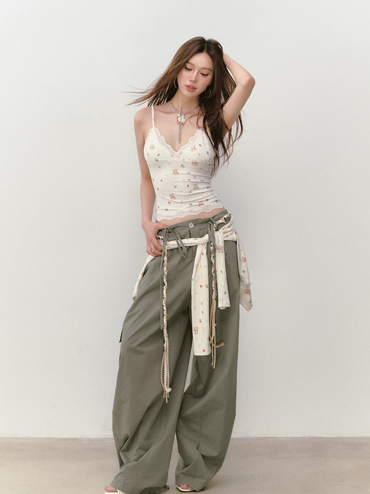 Wide-Leg Beaded Cargo Large Pockets Pants - CHINASQUAD