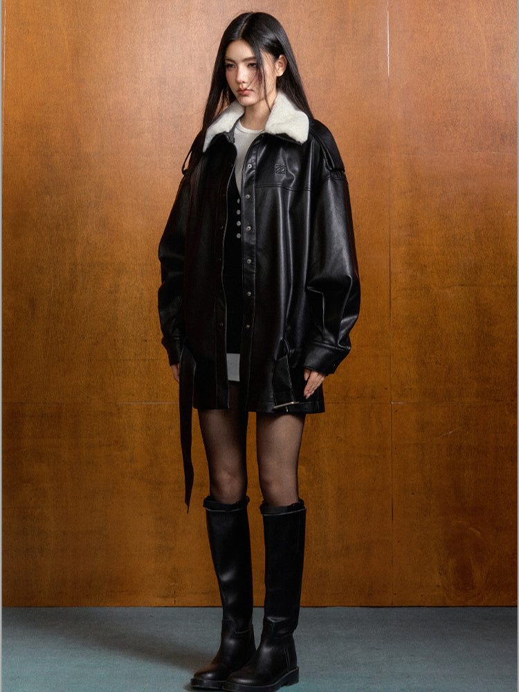 Color-Blocked Detachable Faux Fur Collar Jacket - CHINASQUAD