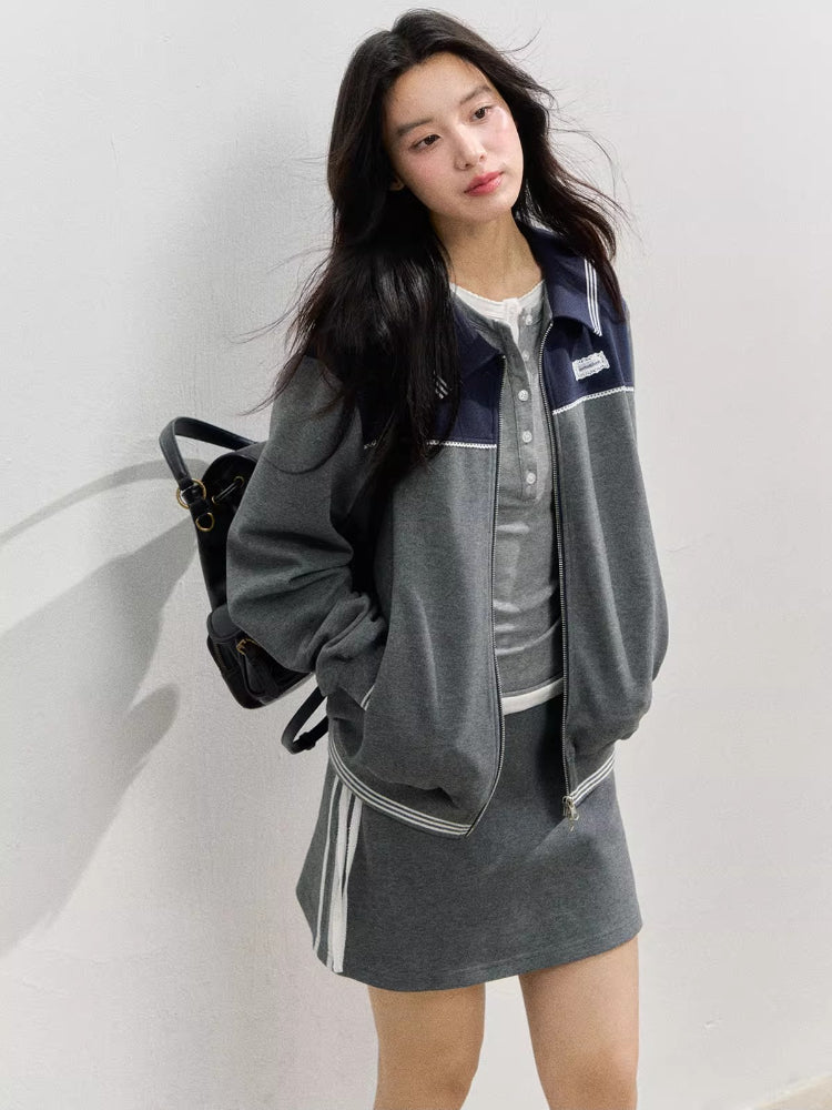 Sporty Miu-Style Color-Block Preppy Jacket & Skirt Set