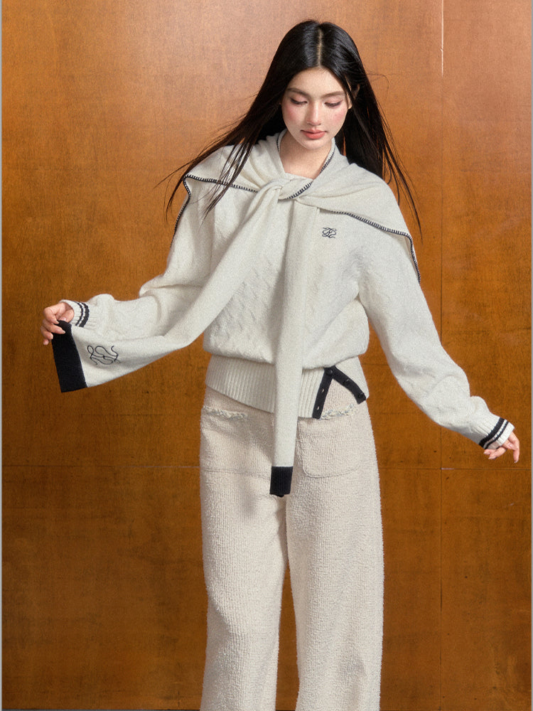 Off-Shoulder Asymmetrical Diamond Knit Sweater & Shawl Set - CHINASQUAD