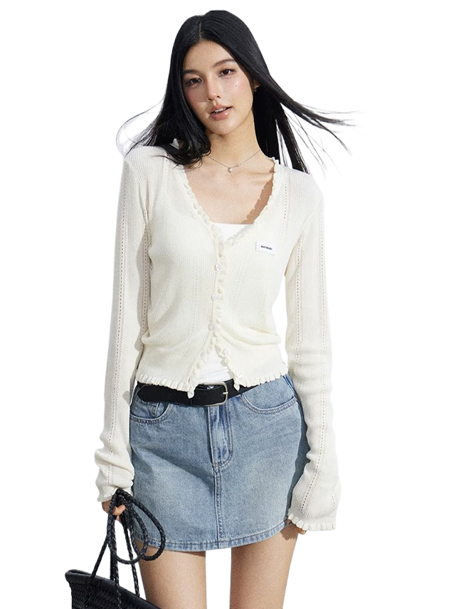Sheer Lace-Trim Breathable Knit Sun Protection Cardigan