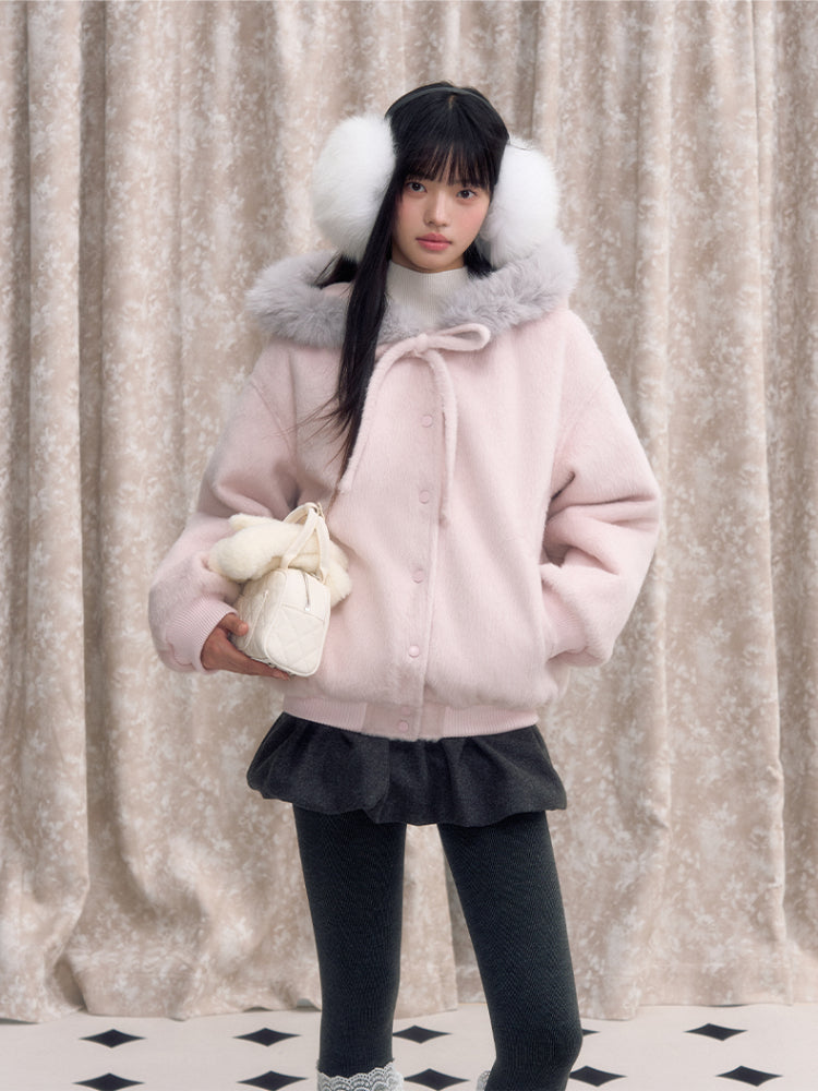 Pink Bow Tie Hooded Fur Baseball Jacket - CHINASQUAD
