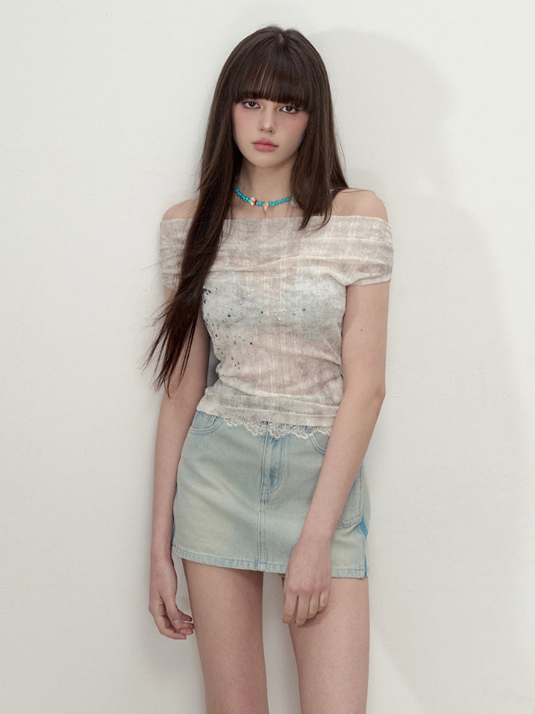 Colorful Rhinestone One-Shoulder Top T-shirt - CHINASQUAD