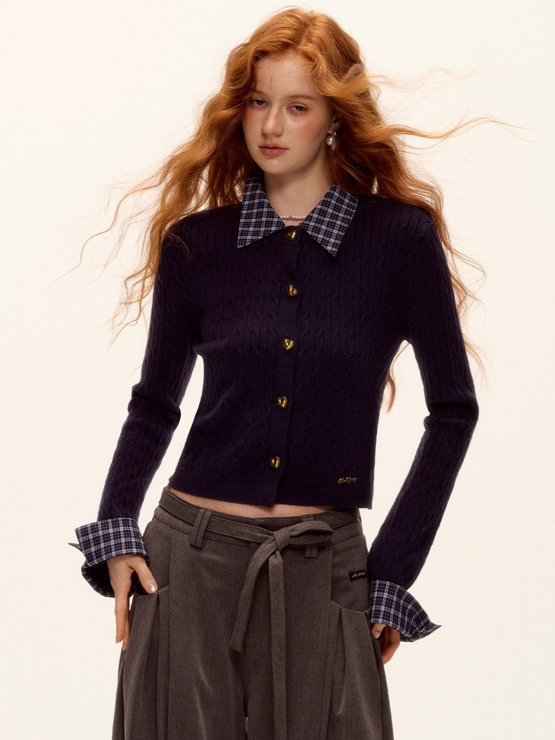 Wool Blend Plaid Patchwork Cable Knit Cardigan