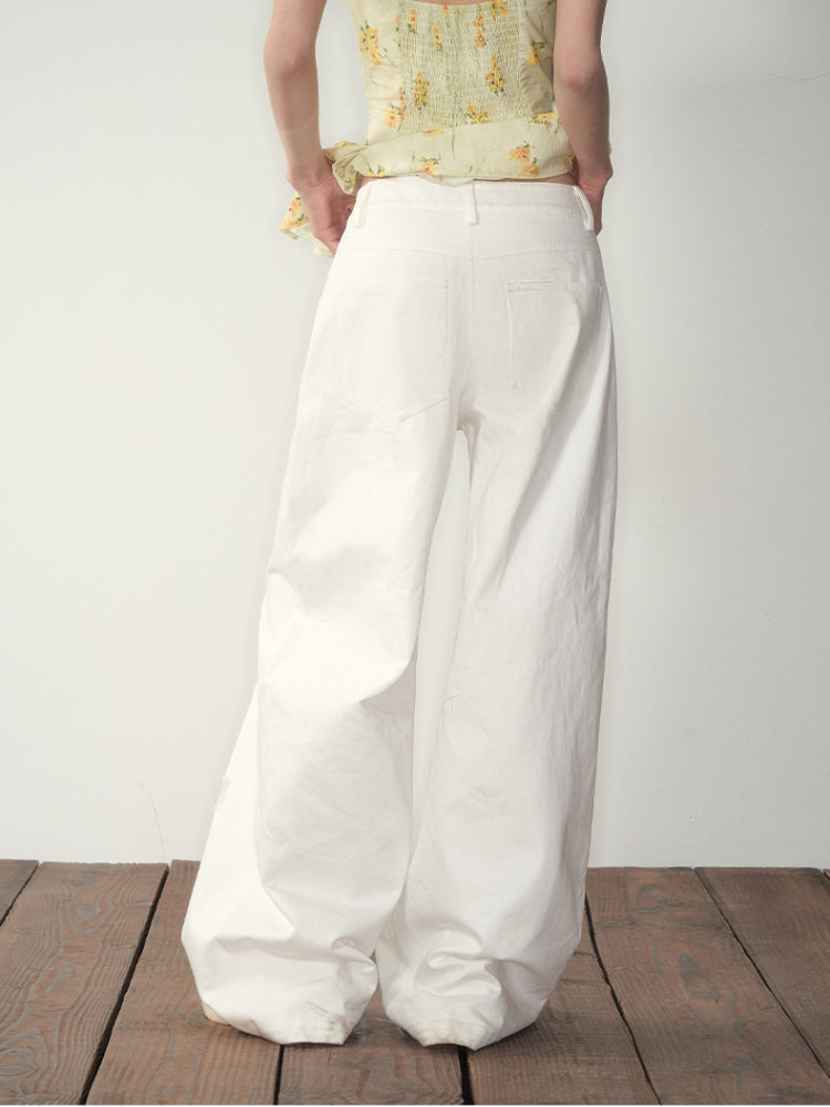 White Lace Splicing Denim Wide-Leg Pants - CHINASQUAD